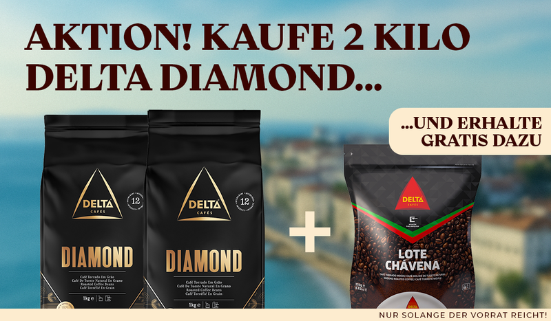 2 × Delta Diamond Kaffeebohnen 1 Kg für nur 57,95 statt 64,- + Gratis Delta Lote Chávena gemahlener Röstkaffee 250g dazu!