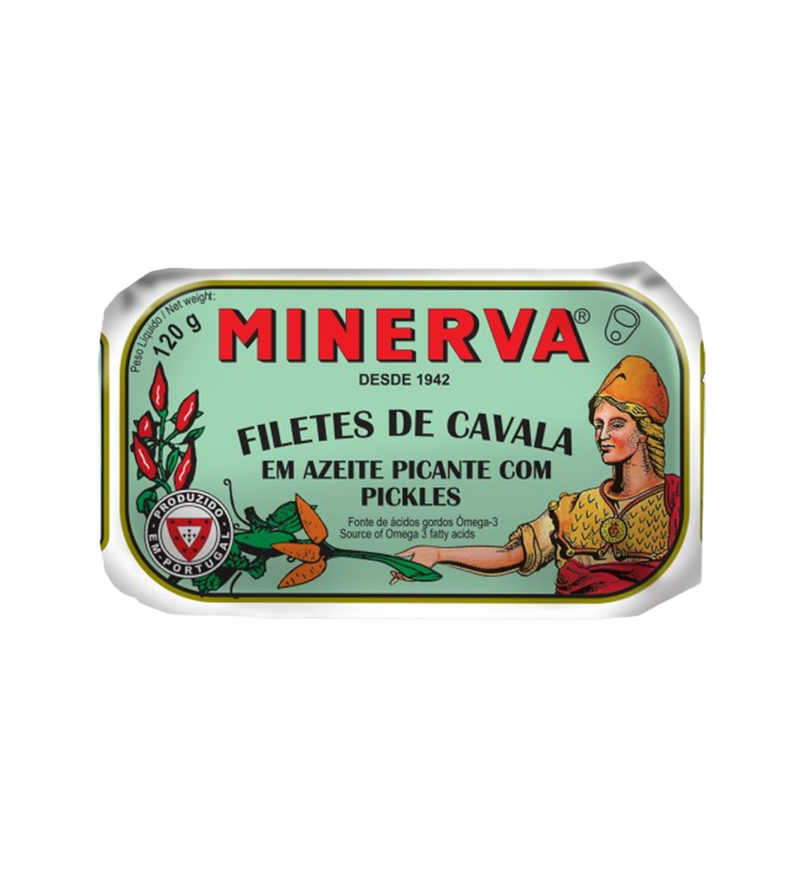 Minerva Filete Cavala picante com pickles 120g (Makrelenfilets mit Essiggurken, pikant)