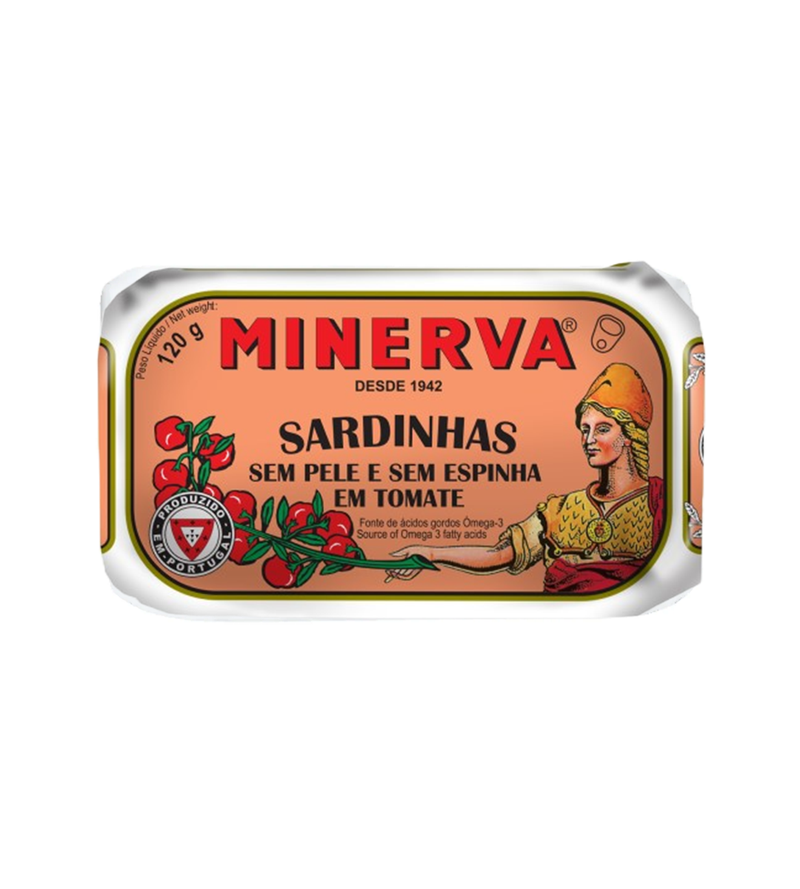 Minerva Sardinha sem pele sem espinhas em tomate 120g (Sardinen ohne Haut, ohne Gräten in Tomatensauce)